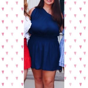 blue elastic waist one shoulder dress